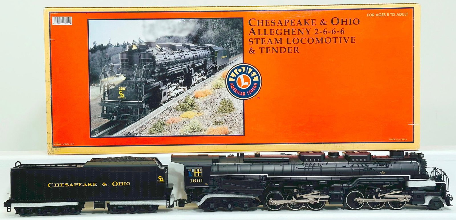 Lionel Modern O Gauge Chesapeake & Ohio Allegheny 2 - 6 - 6 - 6 Steam Locomotive and Tender Boxed: Lionel Modern O Gauge Chesapeake & Ohio Allegheny 2 - 6 - 6 - 6 Steam Locomotive and Tender Boxed, in C8 or better and with its original box.