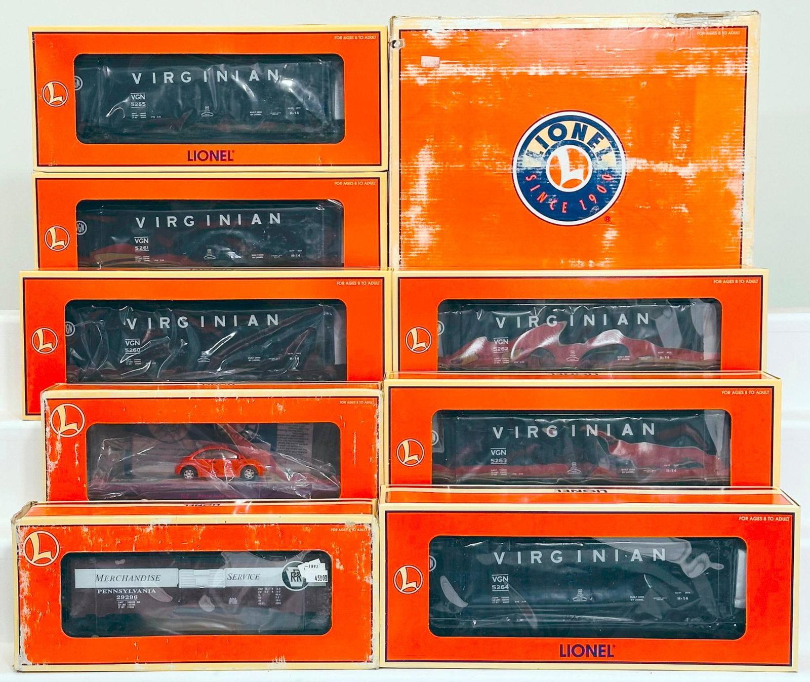 Lionel Modern O Gauge Virginian Hopper 6 Pack/6465 BC Penn Merchandise Car/Flat Car with Volkswagen: Lionel Modern O Gauge Virginian Hopper 6 Pack and 6465 BC Penn Merchandise Car and Flat Car with Volkswagen Bug, each in C8 or better and each with its original box. Some of the boxes show moderate to