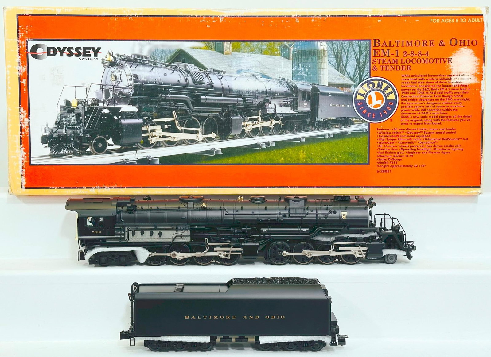 Lionel Modern O Gauge Baltimore and Ohio EM-1 2-8-8-4 Odyssey System Steam Locomotive and Tender: Lionel Modern O Gauge Baltimore and Ohio EM - 1 2 - 8 - 8 - 4 Odyssey System Steam Locomotive and Tender Boxed, in C8 or better and with its original box that shows moderate wear.