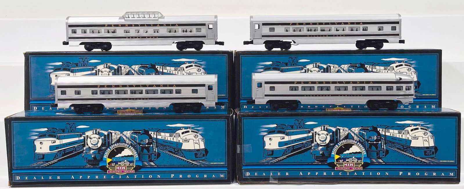 MTH Dealer Appreciation Program Modern O Gauge 4 Car Pennsylvania Aluminum Passenger Set Vista Dome: MTH Dealer Appreciation Program Modern O Gauge 4 Car Pennsylvania Aluminum Passenger Set Vista Dome Car - Observation Car - Coach Car - Coach Car Boxed, each in C8 or better and each with its original