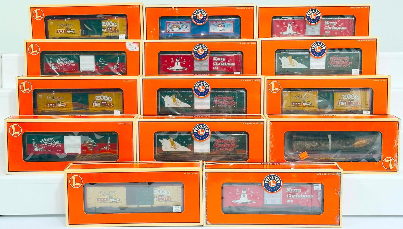 Lionel Modern O Gauge Fourteen (14) Assorted Freight Cars Boxed: Lionel Modern O Gauge Fourteen (14) Assorted Freight Cars Boxed, including Christmas Box Car 02 X3, Christmas 999 9700 Box Car, 2000 Christmas Box Car X3, 2003 Christmas Box Car, Western Maryland Frei