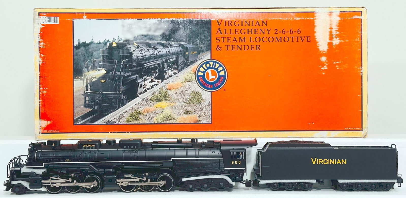 Lionel Modern O Gauge Virginian Allegheny 2 - 6 - 6 - 6 Steam Locomotive and Tender Boxed: Lionel Modern O Gauge Virginian Allegheny 2 - 6 - 6 - 6 Steam Locomotive and Tender Boxed, in C8 or better and with its original box that shows moderate wear.