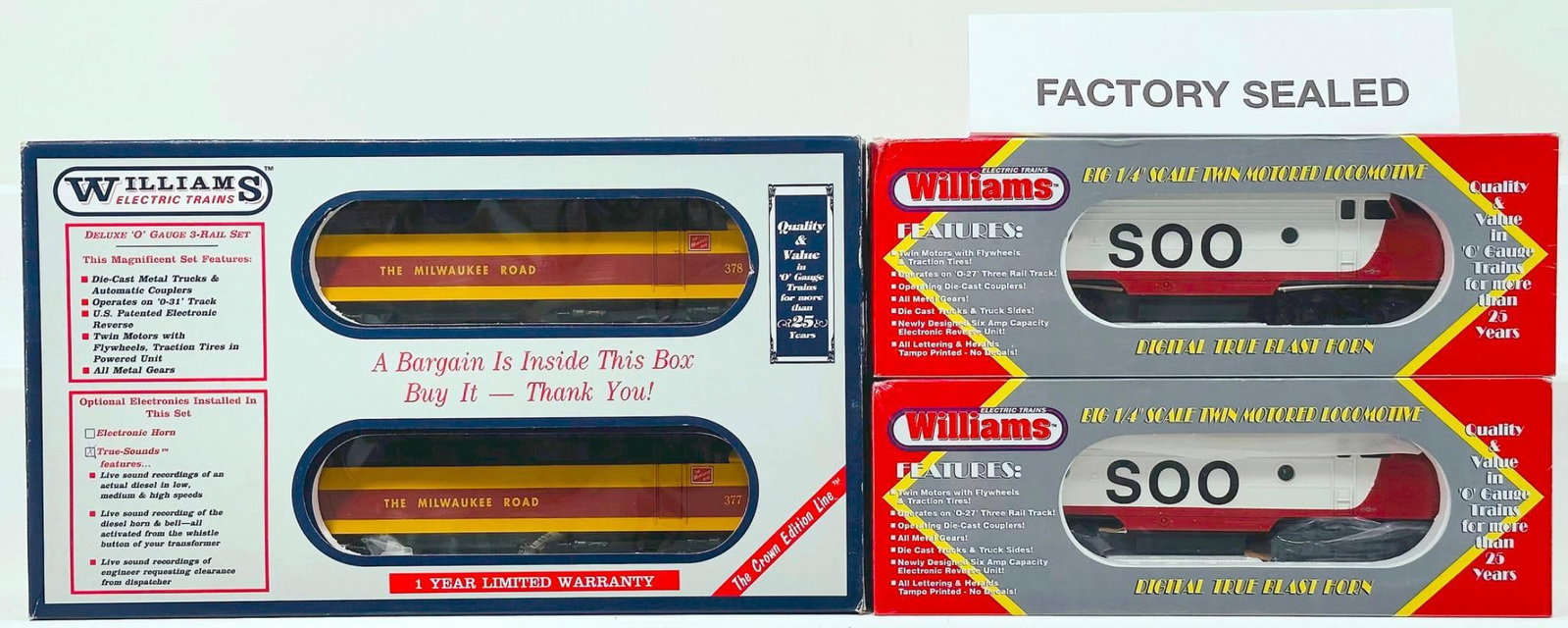 Williams Modern O Gauge Milwaukee Road EP-5 A-A Diesel Units with sound Boxed/Soo Line F7 Loco: Williams Modern O Gauge Milwaukee Road EP - 5 A - A Diesel Units with Sound Boxed and Soo Line F-7 Locomotive Powered and F-7 Locomotive Dummy Boxed, each in C10 and each with its sealed original box.