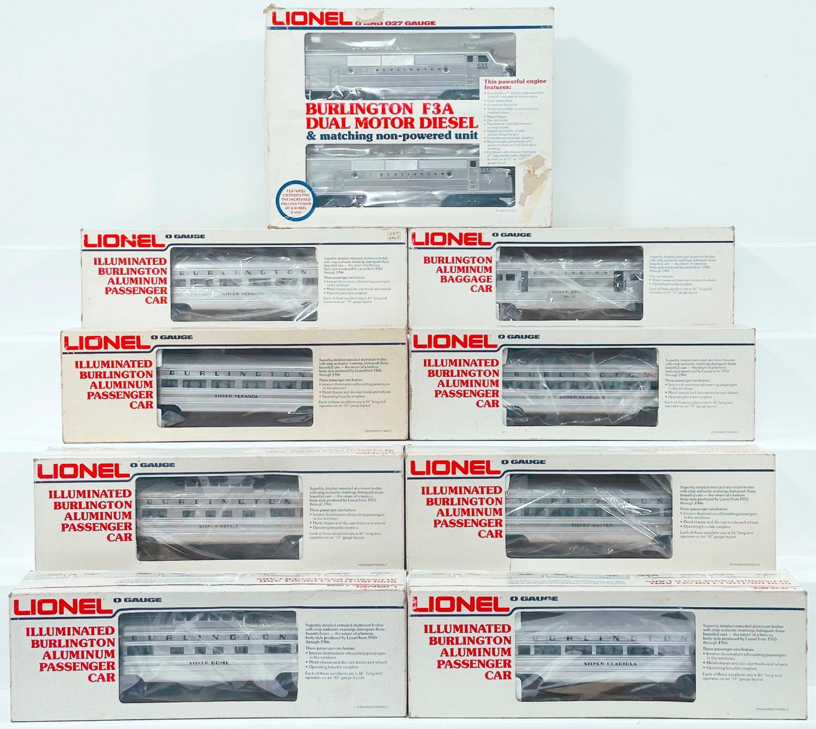 Lionel Modern O Gauge Burlington F-3 A-A Powered and Dummy Diesel Units and Eight (8) Assorted Cars: Lionel Modern O Gauge Burlington F-3 A-A Powered and Dummy Diesel Units and Eight (8) Assorted Burlington Aluminum Passenger Cars Boxed, each in C8 or better and each with its original box, with some 