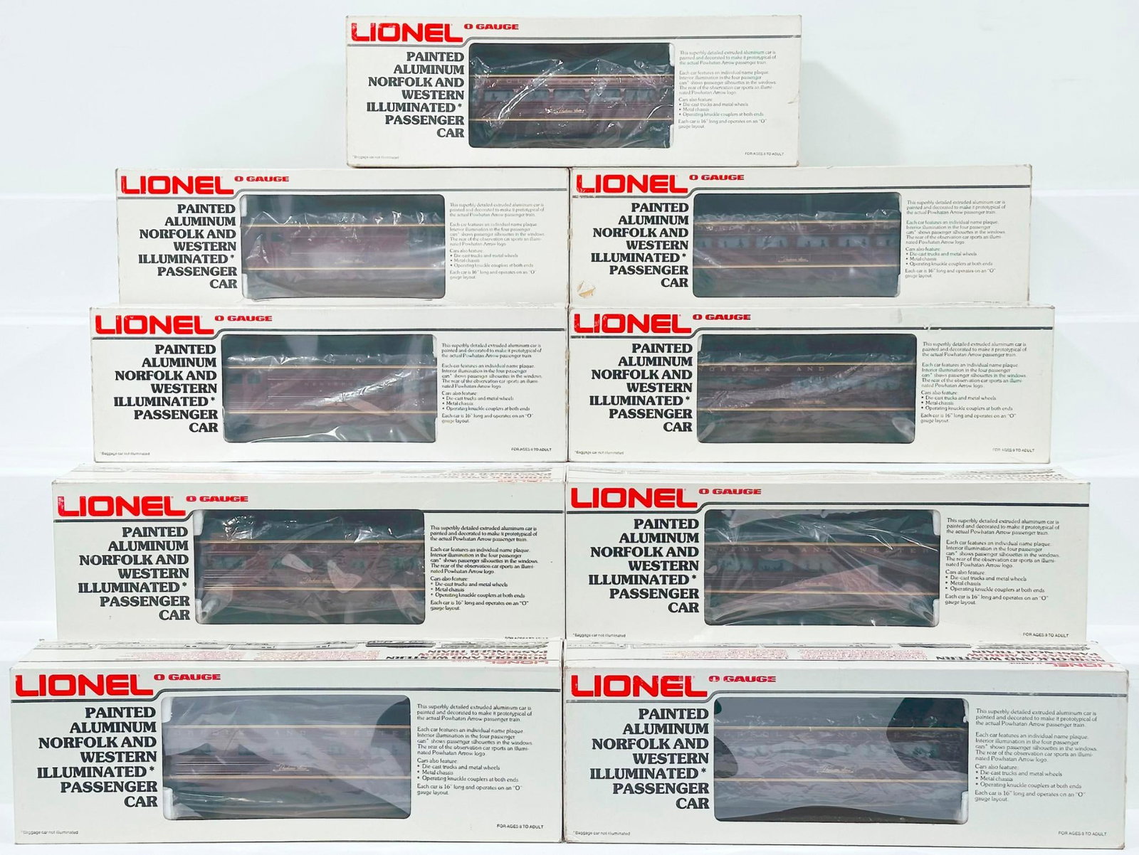 Lionel Modern O Gauge Norfolk and Western Painted Aluminum Nine (9) Assorted Passenger Cars Boxed: Lionel Modern O Gauge Norfolk and Western Painted Aluminum Nine (9) Assorted Passenger Cars Boxed, each in C8 or better and each with its original box.