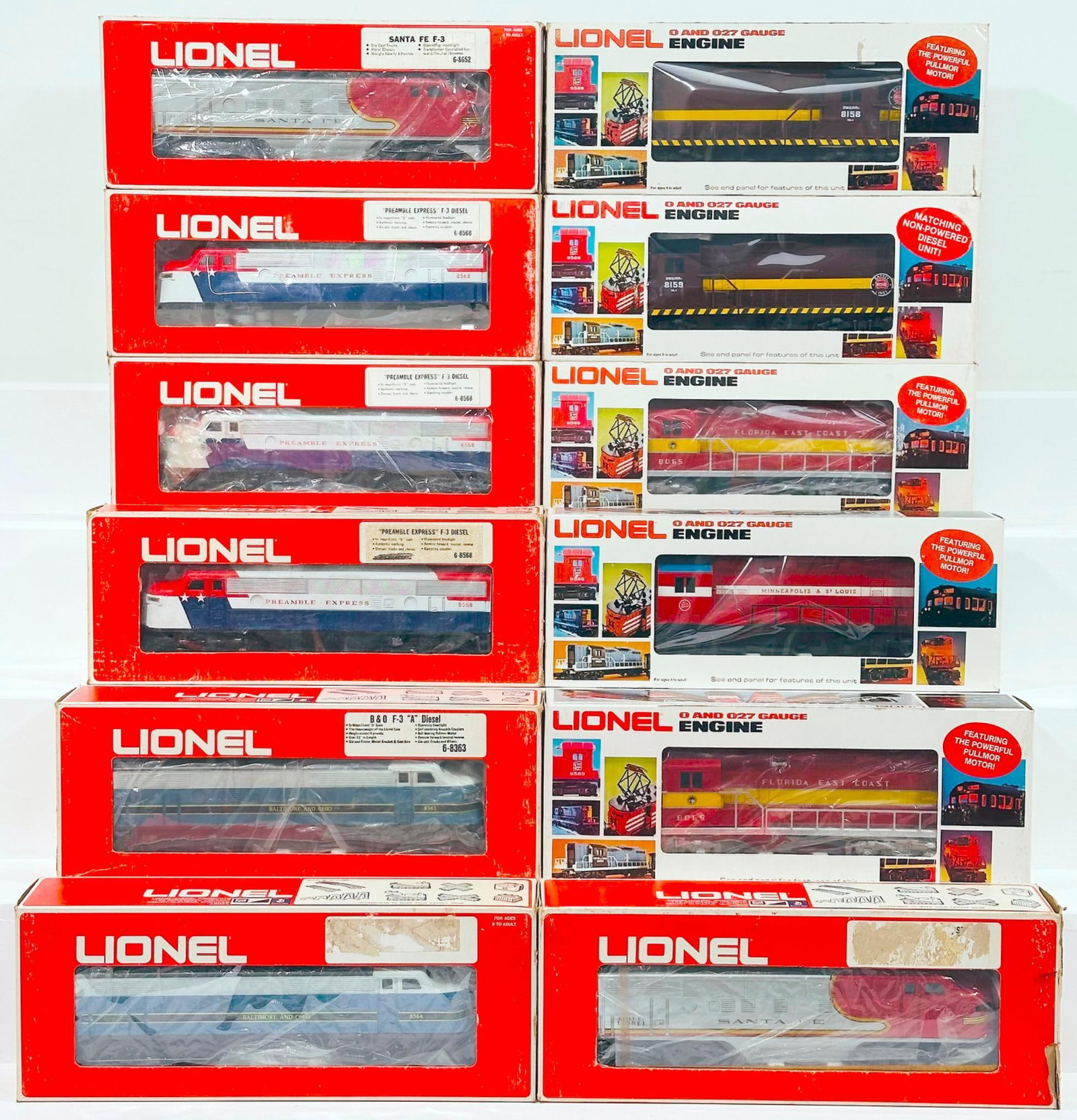 Lionel Modern O Gauge Preamble Express F3 A-A-A Diesel Units Boxed/Duluth Miisabi GP-35/GP-35: Lionel Modern O Gauge Preamble Express F3 A-A-A Diesel Units Boxed/Duluth Miisabi GP - 35 and GP - 35 Nonpowered Dummy Unit/Florida East Coast GP-9 Nonpowered Dummy Unit X2/Minneapolis and St. Louis G