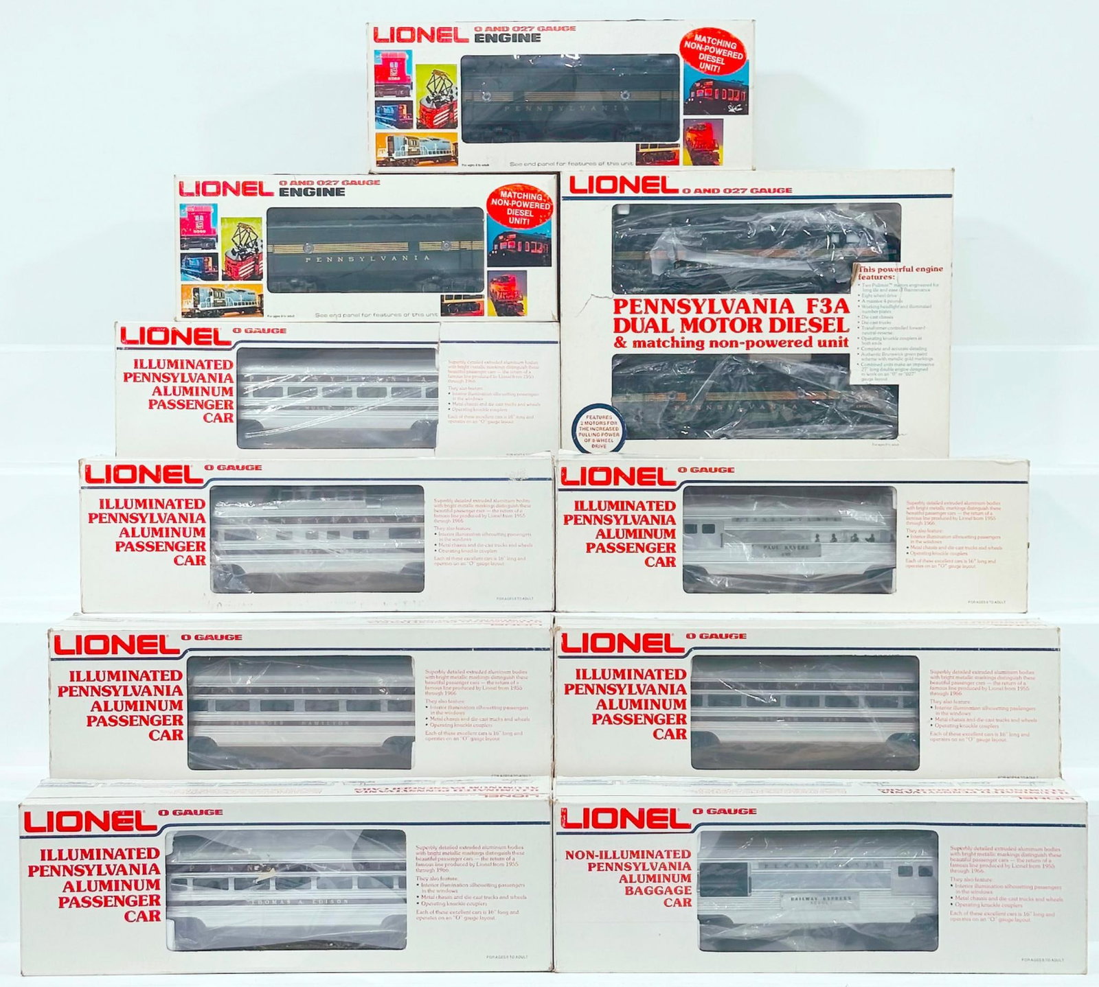 Lionel Modern O Gauge Pennsylvania F3 A-A Powered and Dummy Diesel Units/Pennsylvania F-3 B Nonpower: Lionel Modern O Gauge Pennsylvania F3 A - A Powered and Dummy Diesel Units and Pennsylvania F - 3 B Nonpowered Dummy Diesel Unit X2/Seven (7) Assorted Pennsylvania Aluminum Passenger Cars Boxed, each 