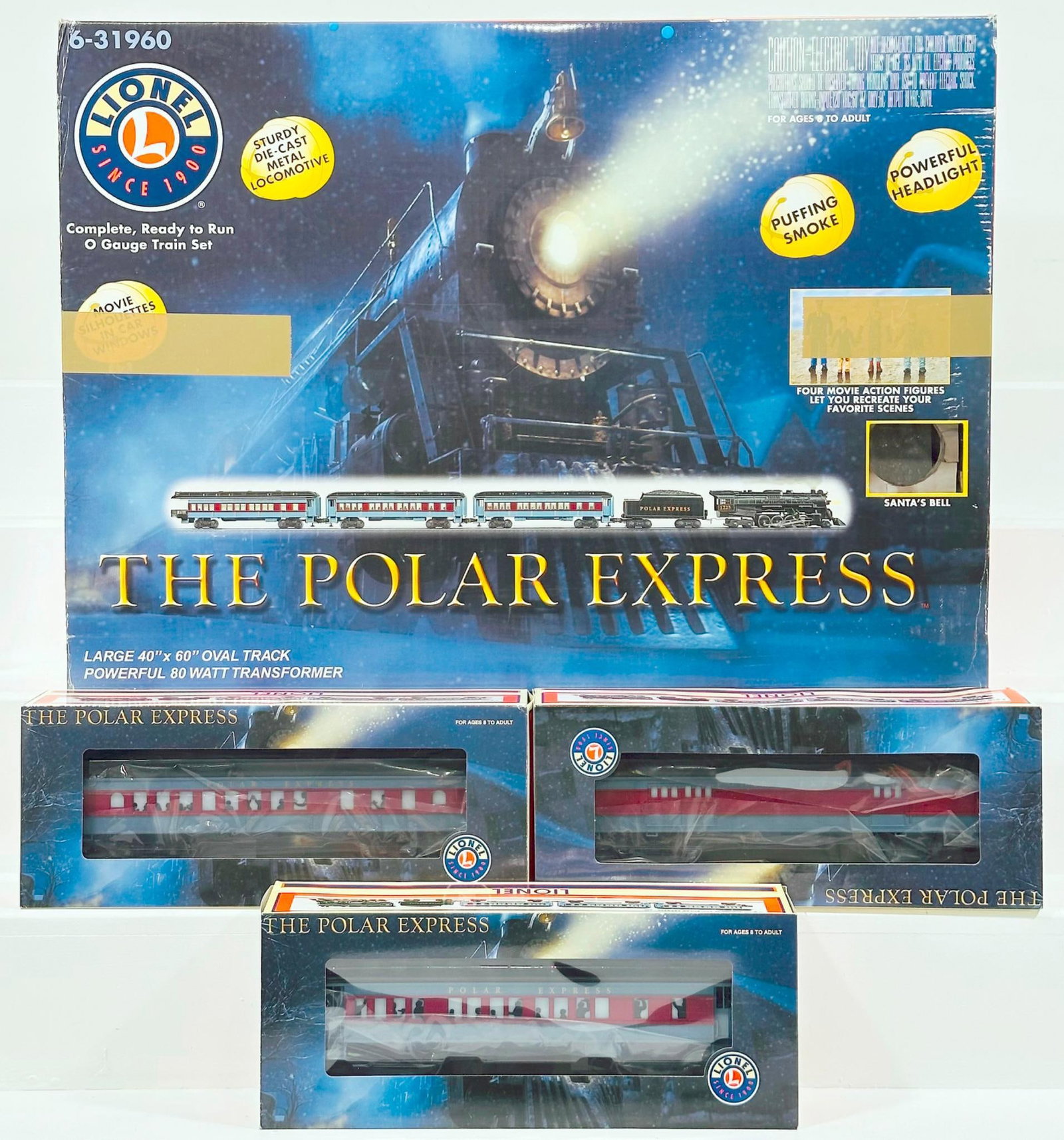 Lionel Modern O Gauge Polar Express Passenger Set and Polar Express Diner Car/Polar Express Baggage: Lionel Modern O Gauge Polar Express Passenger Set and Polar Express Diner Car/Polar Express Baggage Car/Polar Express Car Hot Chocolate Car Boxed, each in C9 and with its original set box and interior