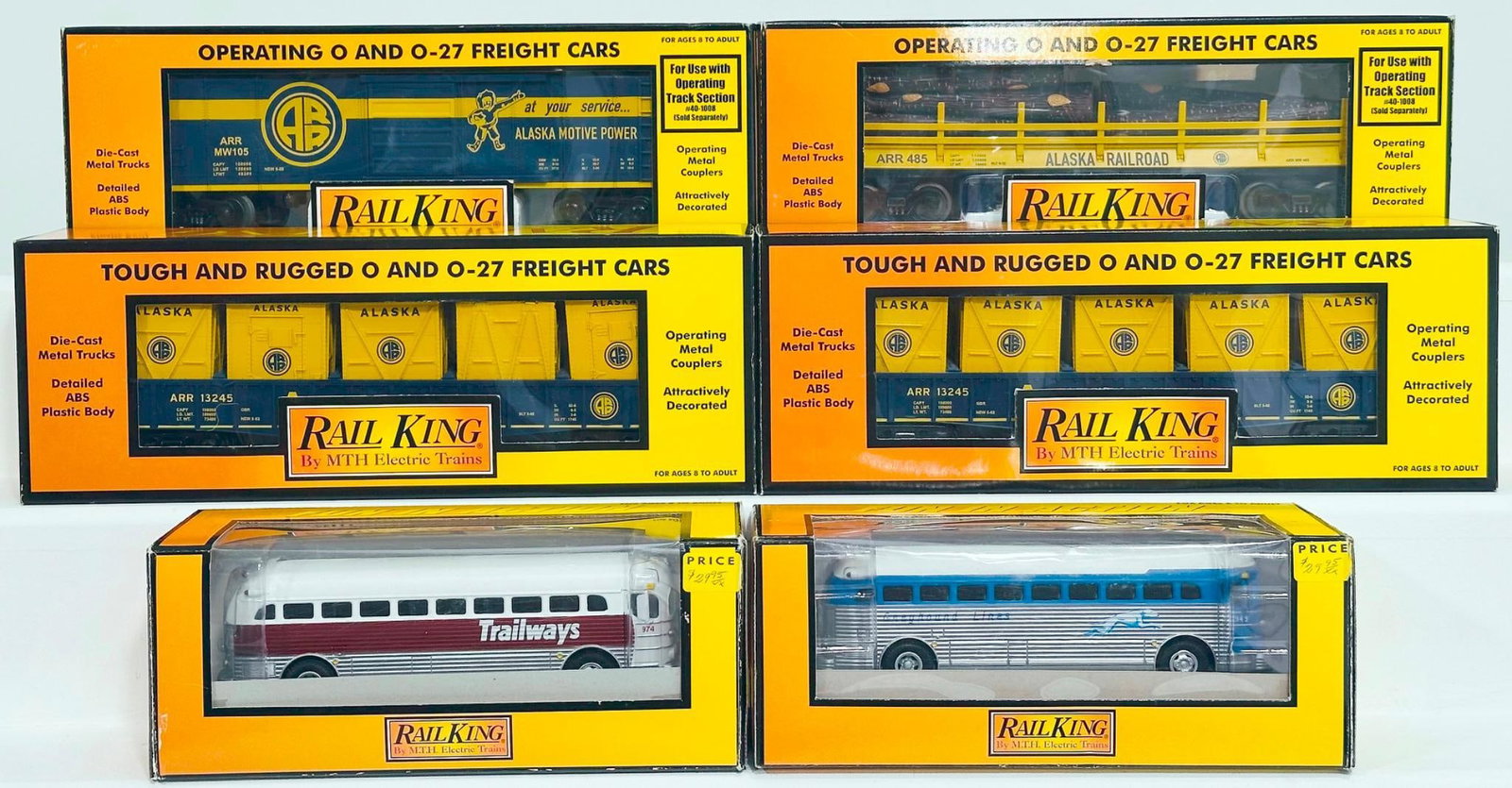 MTH Rail King Modern O Gauge Greyhound-Chicago Diecast Bus/Trailways Diecast Bus/Alaska Gondola Car (1 of 6)