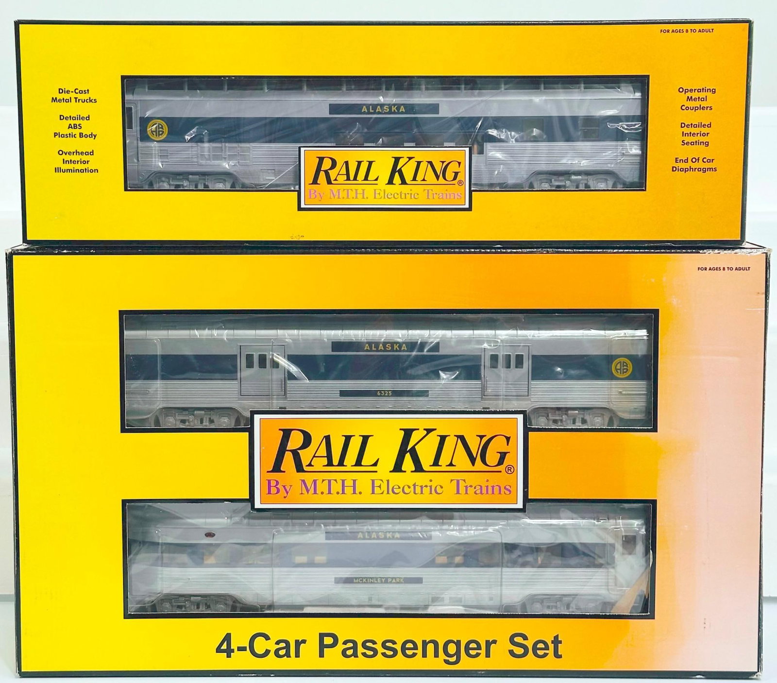 MTH Rail King Modern O Gauge Alaska 4 Car 60 foot Streamlined Passenger Set/Alaska Vista Dome Car: MTH Rail King Modern O Gauge Alaska 4 Car 60 foot Streamlined Passenger Set and Alaska 60 foot Streamlined Full-length Vista Dome Car Boxed, each in C9 and each with its original box.