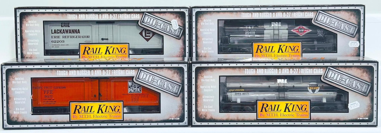 MTH Rail King Modern O Gauge Four (4) Assorted Diecast Freight Cars Boxed: MTH Rail King Modern O Gauge Four (4) Assorted Diecast Freight Cars Boxed, including Erie Lackawanna Diecast Reefer Car, Ethyl Diecast Tank Car, Pacific Fruit Diecast Reefer Car and Texas and Pacific 