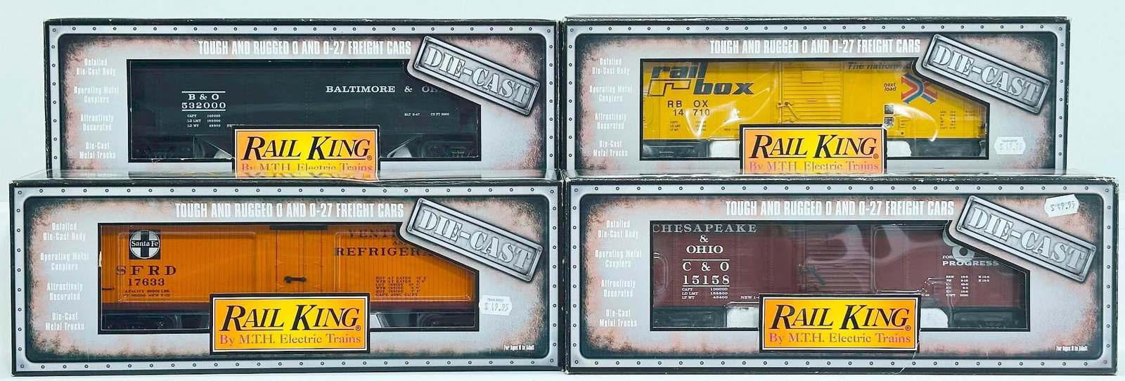 MTH Rail King Modern O Gauge Four (4) Assorted Diecast Freight Cars Boxed: MTH Rail King Modern O Gauge Four (4) Assorted Diecast Freight Cars Boxed, including B&O Diecast 4 Bay Hopper with Coal Load, Chesapeake & Ohio Diecast Box Car, Santa Fe Diecast Reefer Car and Rail Bo