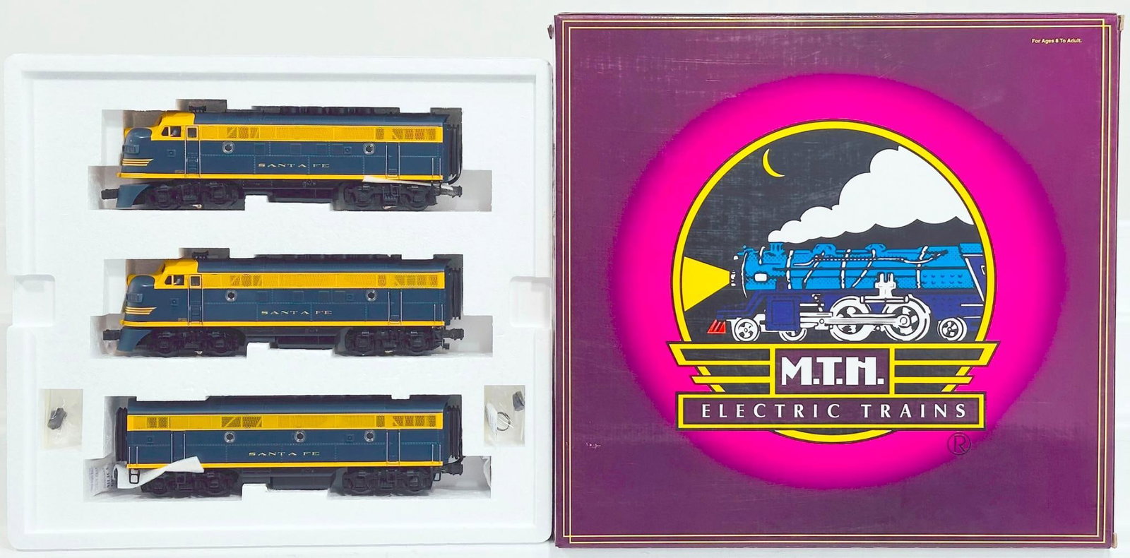 MTH Modern O Gauge Santa Fe EMD F - 3 A - B - A Diesel Set with PS 1.0 Boxed: MTH Modern O Gauge Santa Fe EMD F - 3 A - B - A Diesel Set with PS 1.0 Boxed, in C8 to C9 and with its original box.