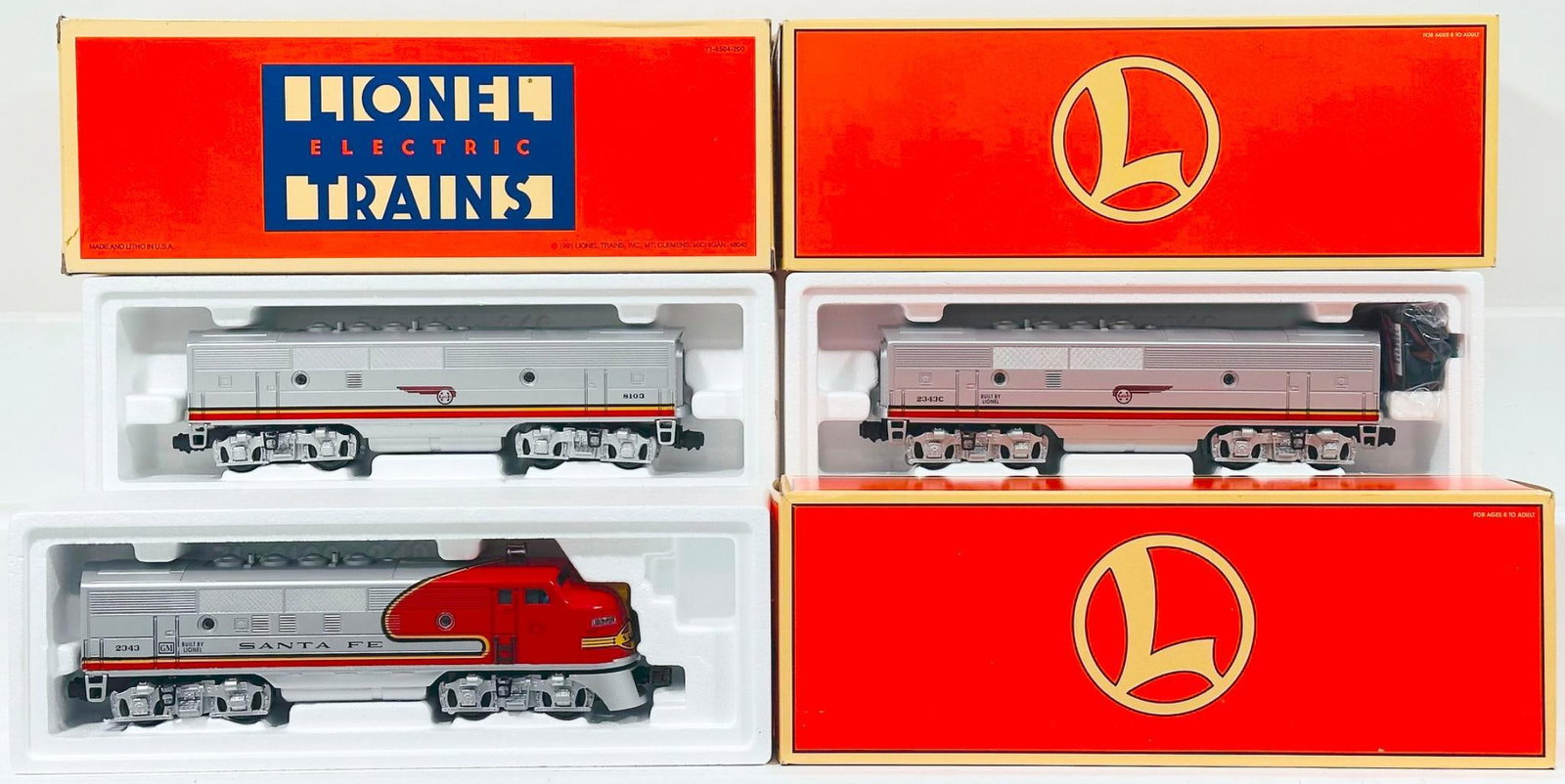 Lionel Modern O Gauge 2343 Santa Fe F-3 A Diesel Unit/2343C Santa Fe F-3 Diesel B Unit/Santa Fe F-3: Lionel Modern O Gauge 2343 Santa Fe F - 3 A Diesel Unit/2343C Santa Fe F - 3 Diesel B Unit/Santa Fe F - 3 B Diesel Unit Boxed, each in C8 to C9 and each in its original box.
