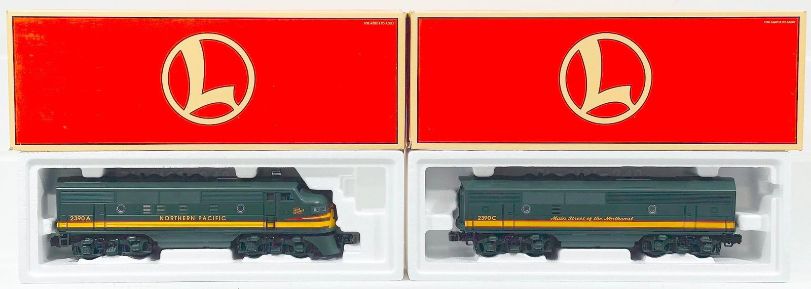 Lionel Modern O Gauge Northern Pacific F-3 A Unit Diesel Locomotive and Northern Pacific F-3 B Unit: Lionel Modern O Gauge Northern Pacific F-3 A Unit Diesel Locomotive and Northern Pacific F-3 B Unit Nonpowered Diesel Locomotive Boxed, each in C8 to C9 and each with its original box.