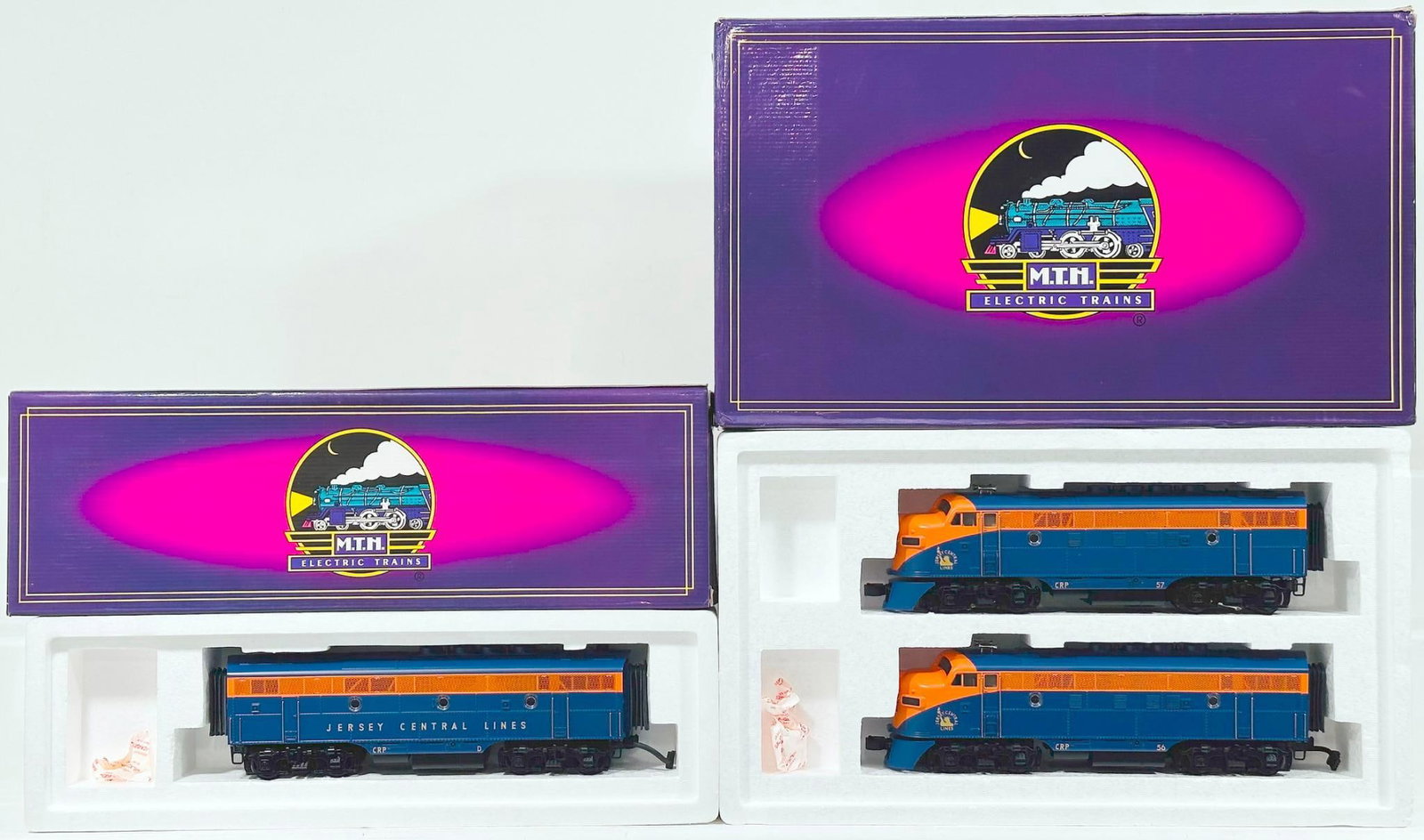 MTH Modern O Gauge Jersey Central EMD F-3 A-A Diesel Set with PS 1.0/Jersey Central EMD F-3 B Unit: MTH Modern O Gauge Jersey Central EMD F - 3 A - A Diesel Set with PS 1.0 and Jersey Central EMD F - 3 B Unit Diesel Boxed, each in C8 to C9 and each with its original box. ?
