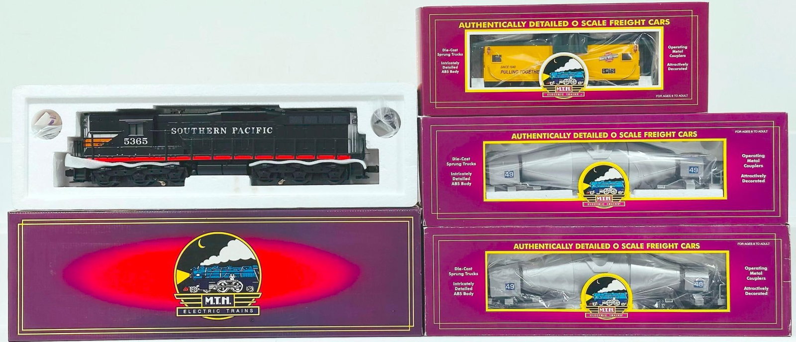 MTH Modern O Gauge Southern Pacific EMD SD-9 Diesel Switcher with PS 1.0 Boxed/Caboose/Hot Metal Car: MTH Modern O Gauge Southern Pacific EMD SD - 9 Diesel Switcher with PS 1.0 Boxed/Chicago Northwestern Extended Vision Caboose/Silver Hot Metal Car/Silver Hot Metal Car Boxed, each in C9 and each with 