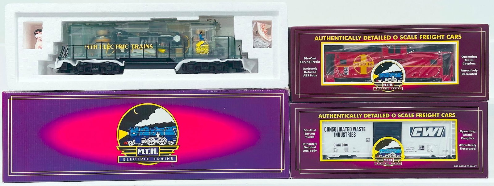 MTH Modern O Gauge Clear Body EMD GP-30 Diesel Switcher with PS 1.0 Boxed/Santa Fe Extended Caboose: MTH Modern O Gauge Clear Body EMD GP - 30 Diesel Switcher with PS 1.0 Boxed and Santa Fe Extended Vision Caboose and Consolidated Waste Box Car Boxed, each in C9 and each with its original box. MTH Mo