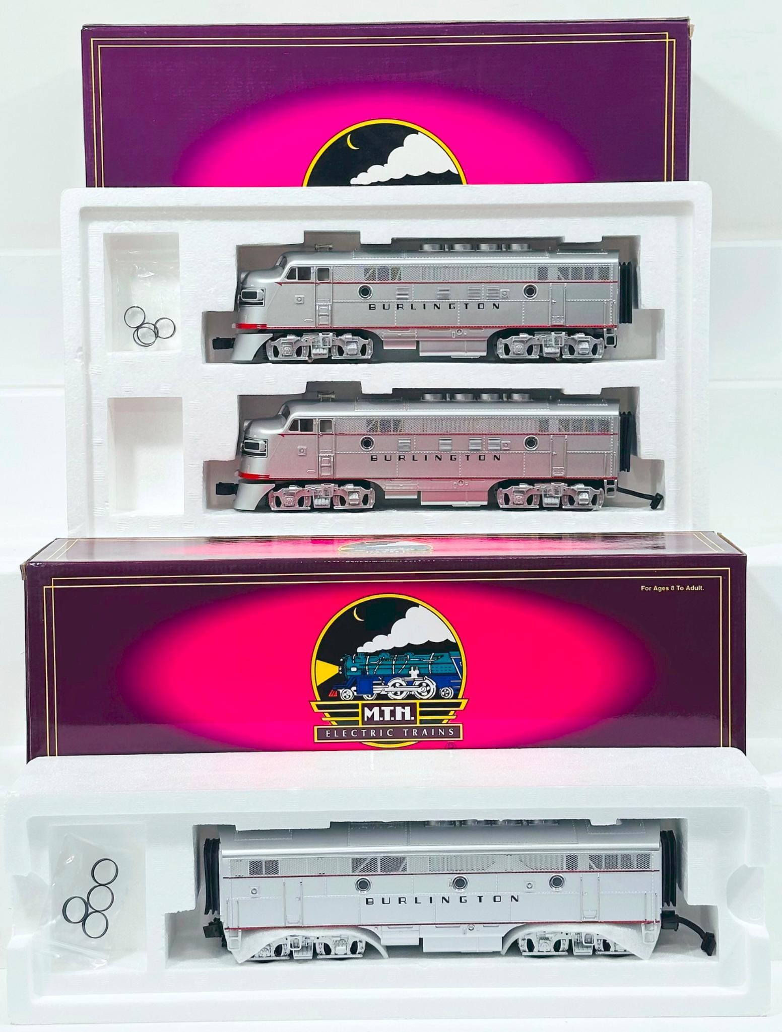 MTH Modern O Gauge Burlington Route EMD F-3 A-A Diesel Set with PS 1.0 Boxed/Burlington EMD Powered: MTH Modern O Gauge Burlington Route EMD F - 3 A - A Diesel Set with PS 1.0 Boxed and Burlington EMD Powered F - 3 B Diesel Unit with PS 1.0 Boxed, each in C8 to C9 and each with its original box.