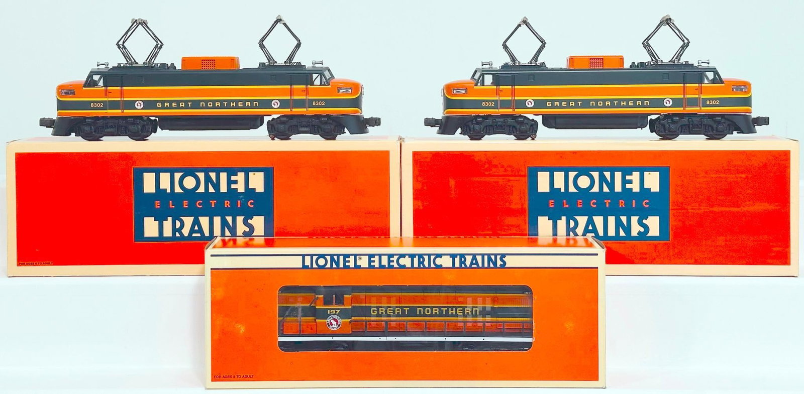 Lionel Modern O Gauge Great Northern Electric Engine Boxed X2 and Great Northern Railway Alco RS - 3: Lionel Modern O Gauge Great Northern Electric Engine Boxed X2 and Great Northern Railway Alco RS - 3 Diesel Locomotive Switcher Boxed, each in C9 and each with its original box.