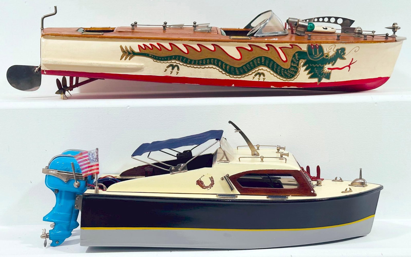 Unknown Manufacturer Postwar Wood Cabin Cruiser with 2 Outboard Electric Motors/Wood Pleasure Boat: Unknown Manufacturer Postwar Wood Cabin Cruiser with 2 Outboard Electric Motors and Wood Pleasure Boat, each in C7 minus.
