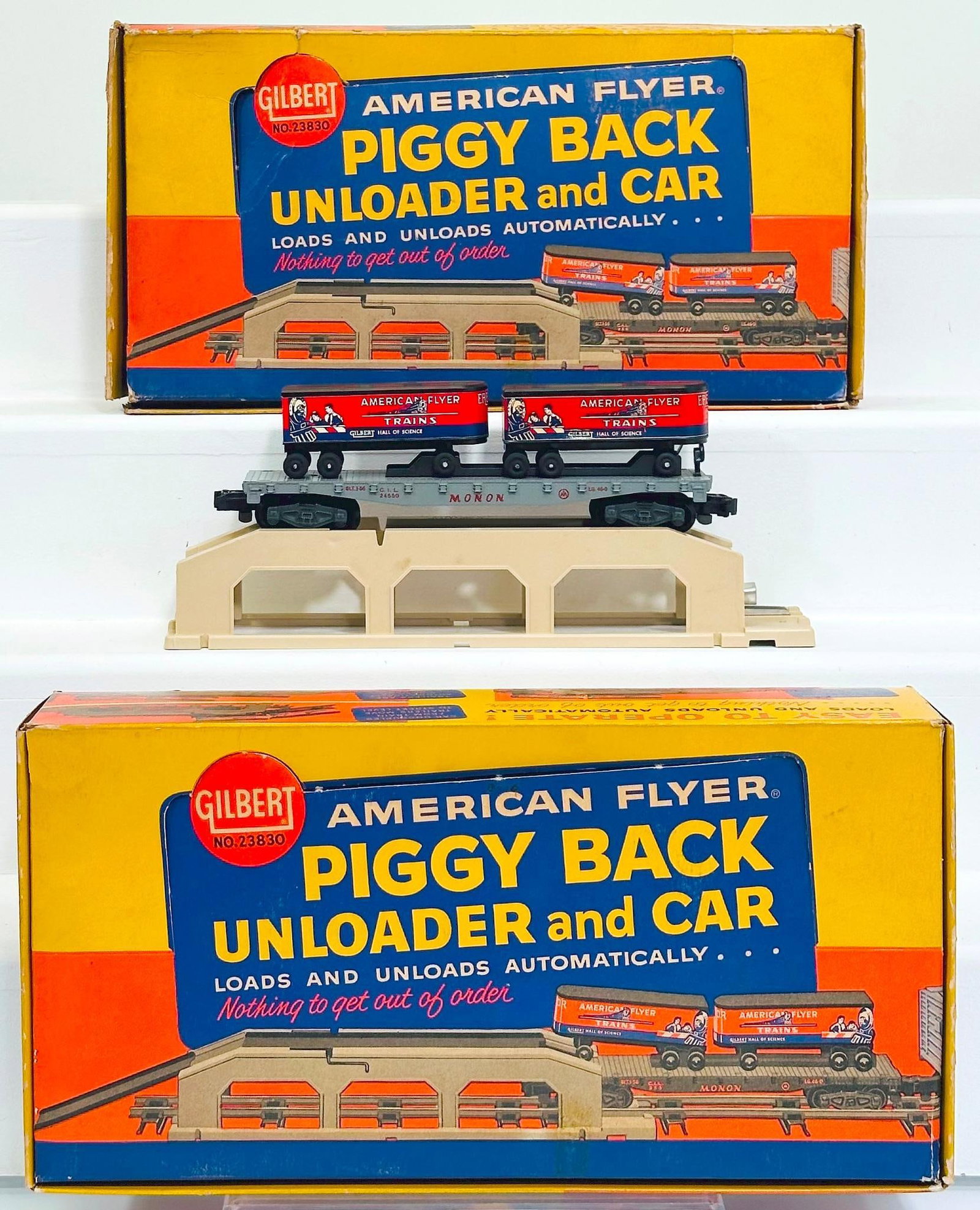 American Flyer Postwar S Gauge 23830 PiggyBack Unloader and Car Boxed X2: American Flyer Postwar S Gauge 23830 PiggyBack Unloader and Car Boxed X2, with one of the 23830 in C8 and with the original box and the other 23830 in C7 plus and with its original box that has tears 