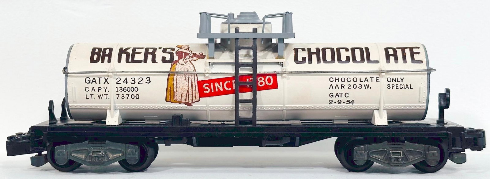 American Flyer Postwar S Gauge 24323 Baker's Chocolate Tank Car: American Flyer Postwar S Gauge 24323 Baker's Chocolate Tank Car, in C7 plus