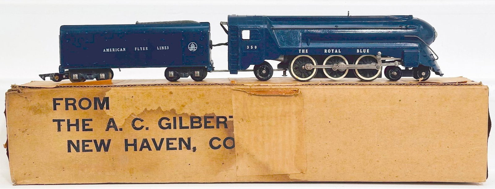 American Flyer Postwar S Gauge 350 Royal Blue Locomotive and Tender: American Flyer Postwar S Gauge 350 Royal Blue Locomotive and Tender, in C7 minus or better, and with its original box.