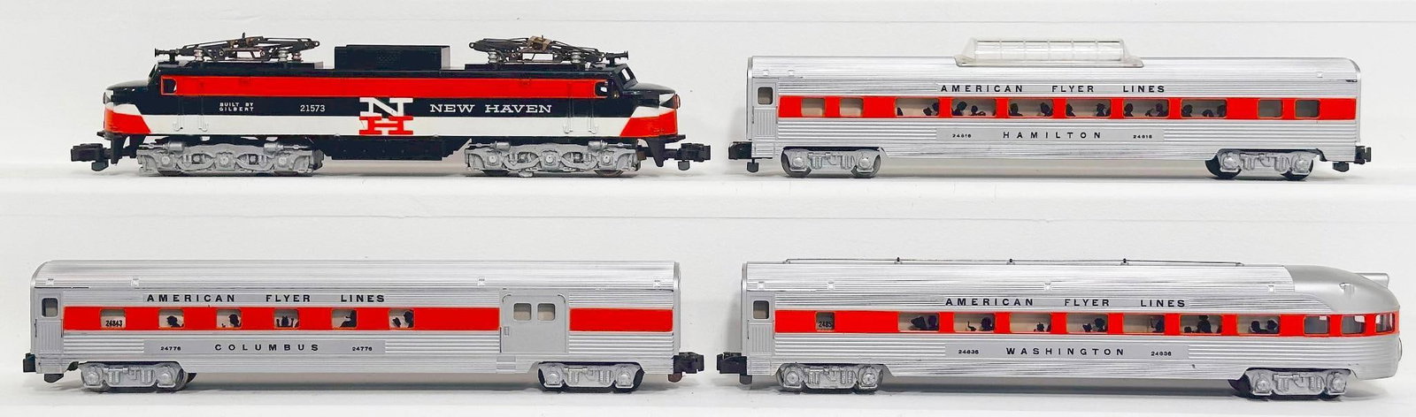 American Flyer Postwar S Gauge 21573 New Haven Electric/ 24816-24836-24776 Orange Stripe Window Cars: American Flyer Postwar S Gauge 21573 New Haven Electric and 24816 - 24836 - 24776 Orange Stripe Window Passenger Cars, each in C7 to C7 plus, although the 24816 Vista Dome Car does not have markings o