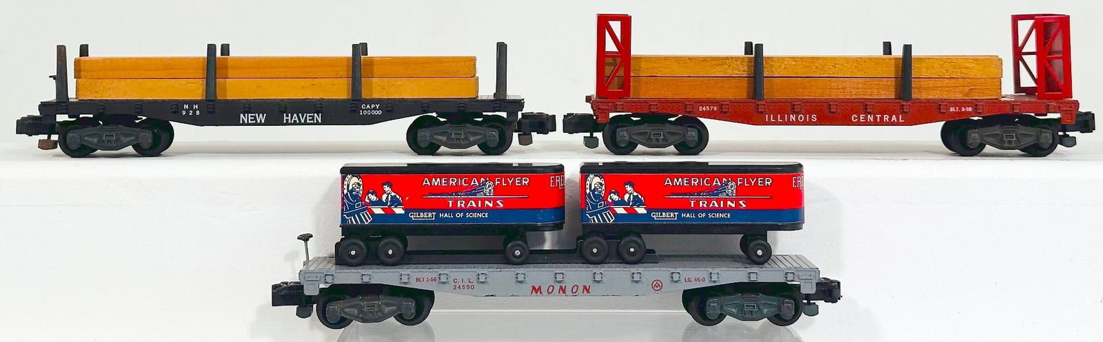 American Flyer Postwar S Gauge 24550 Flat Car with trailers-928 Flat Car with lumber load-24579 Car (1 of 6)