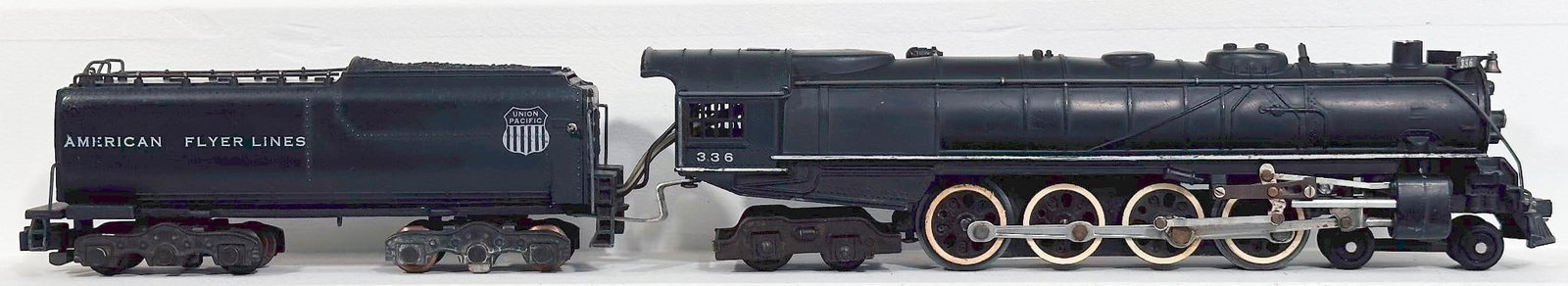 American Flyer Postwar S Gauge 336 Union Pacific Locomotive and Tender: American Flyer Postwar S Gauge 336 Union Pacific Locomotive and Tender, C7 plus or better, and all steps are intact.