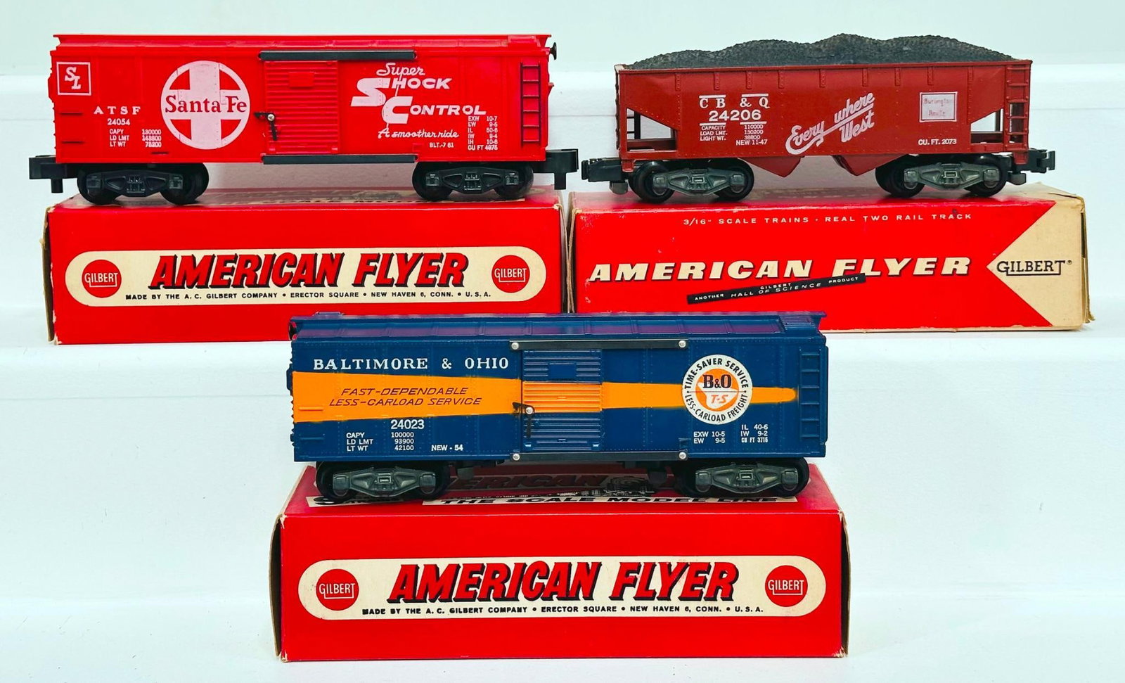 American Flyer Postwar S Gauge 24023 B&O Box Car-24206 Coal Car-24054 Santa Fe Box Car (1 of 8)