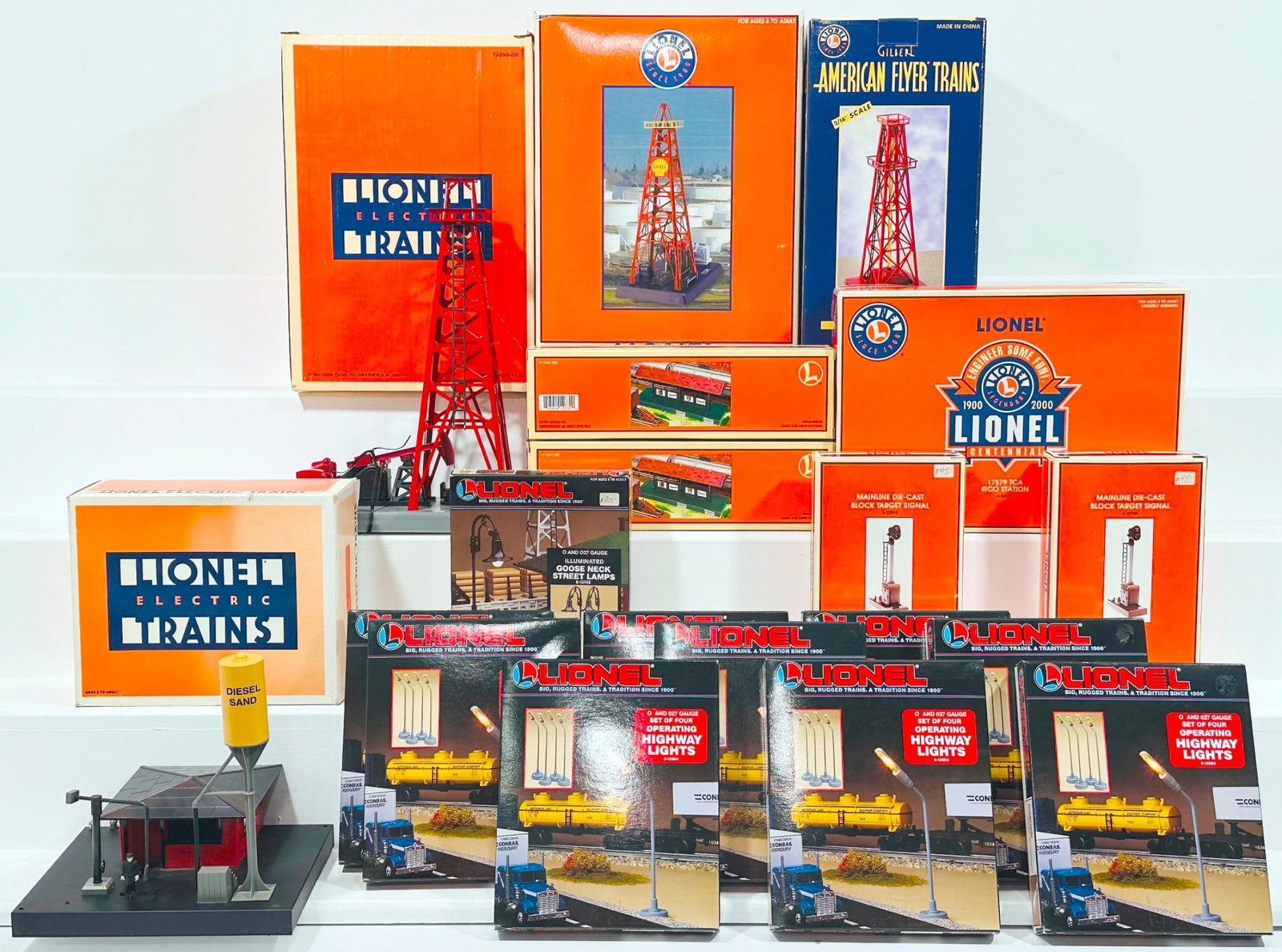 Lionel Modern O Gauge 158 Replica Station Platform/Accessories/Oil Derrick X2/Rico Station Kit Boxed: Lionel Modern O Gauge 158 Replica Station Platform/other Accessories/Oil Derrick and Oil Derrick and Rico Station Kit Boxed, each in C8 or better and each with its original box.