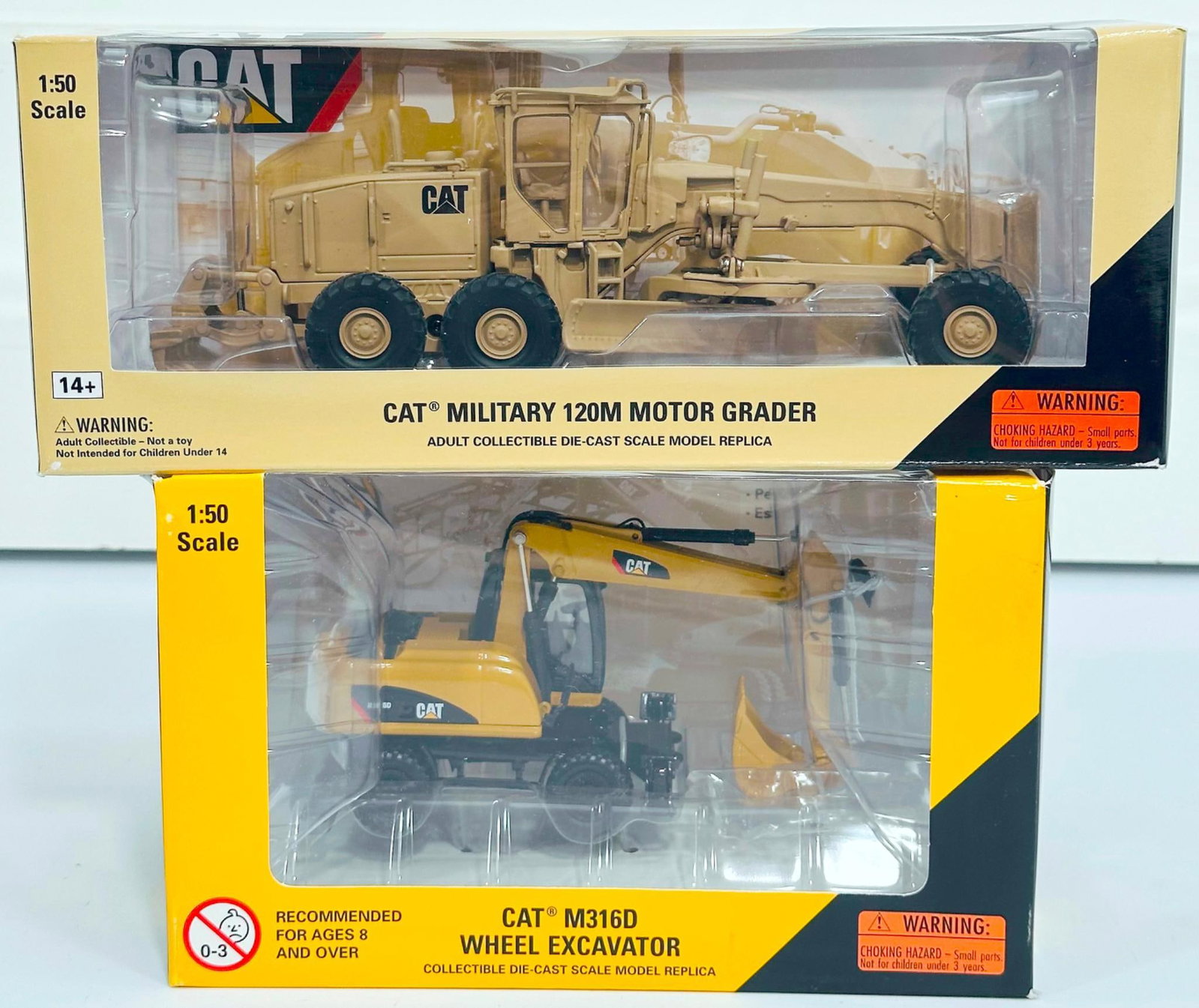 Norscot Modern 1:50 Scale CAT Military 120M Motor Grader and CAT M316D Wheel Excavator Boxed: Norscot Modern 1:50 Scale CAT Military 120M Motor Grader and CAT M316D Wheel Excavator Boxed, each in C9 and each with its original box.