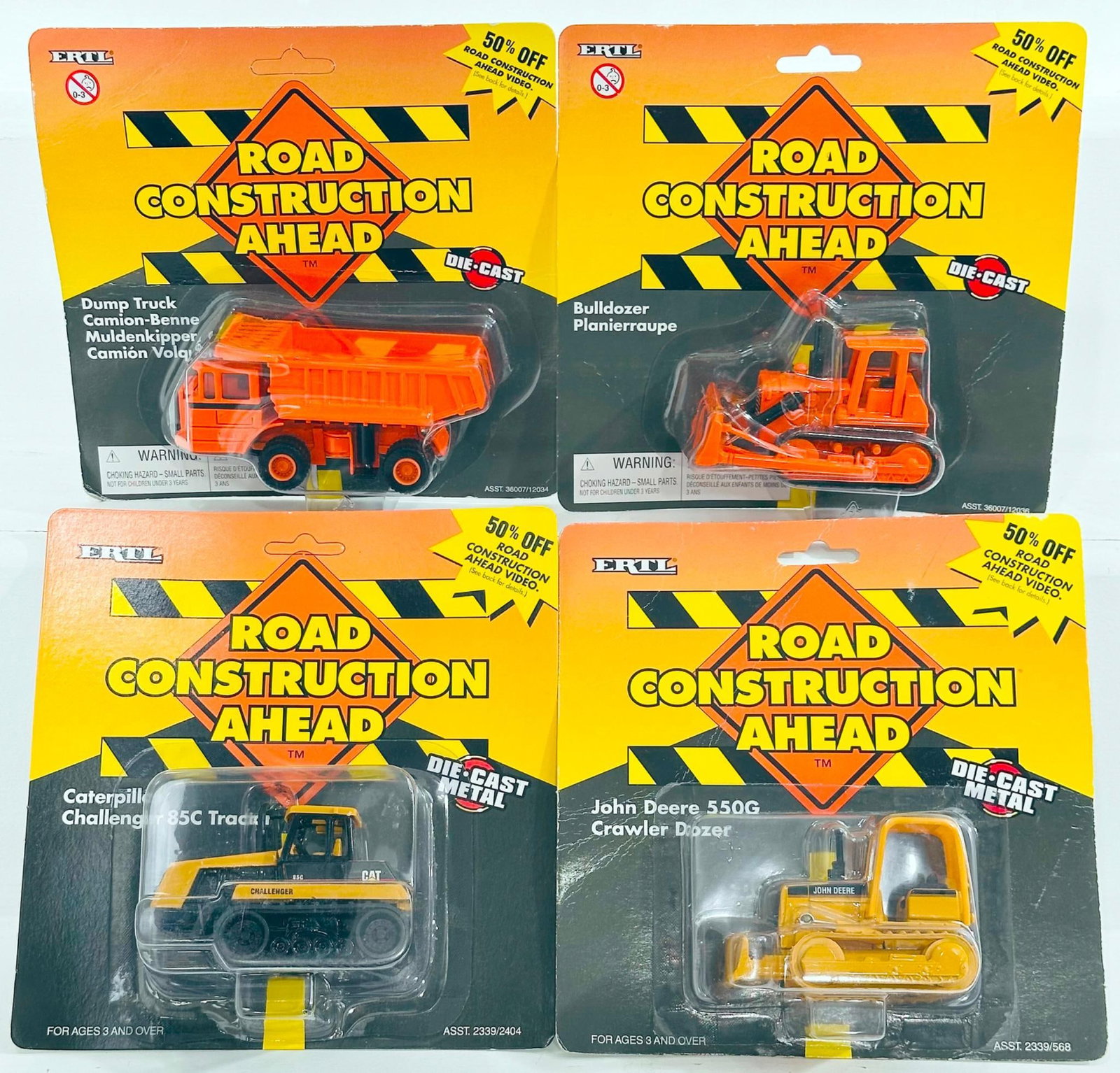 Ertl Modern CAT Challenger 856 Tractor/John Deere 5506 Crawler Dozer/Dump Truck/Bulldozer Blister: Ertl Modern CAT Challenger 856 Tractor/John Deere 5506 Crawler Dozer/Dump Truck/Bulldozer Blister Paks, each in C10 and each with its original Blister Pak. 
