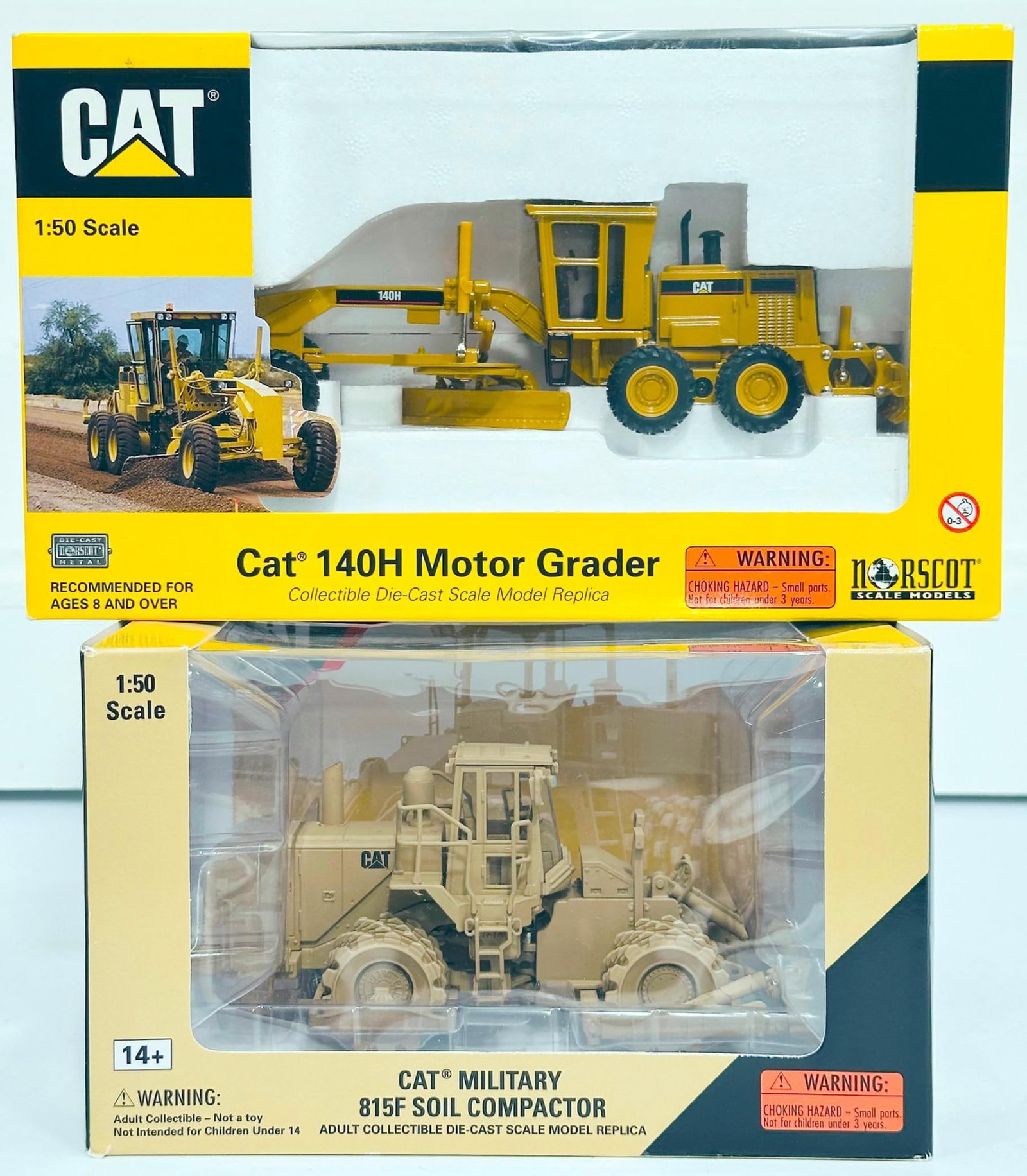 Norscot Modern 1:50 Scale CAT Military 815F Soil Compactor and CAT 140H Motor Grader Boxed: Norscot Modern 1:50 Scale CAT Military 815F Soil Compactor and CAT 140H Motor Grader Boxed, each in C9 and each with its original box. 