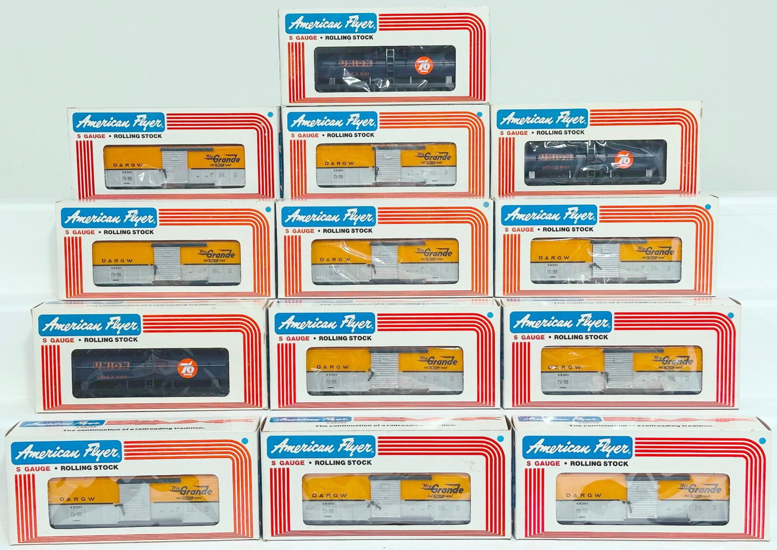 American Flyer Lionel Modern S Gauge Thirteen (13) Assorted Freight Cars Boxed: American Flyer Lionel Modern S Gauge Thirteen (13) Assorted Freight Cars Boxed, including Denver and Rio Grande Box Car X10 and Union Oil Tank Car X3, each in C9 and each with its original box.