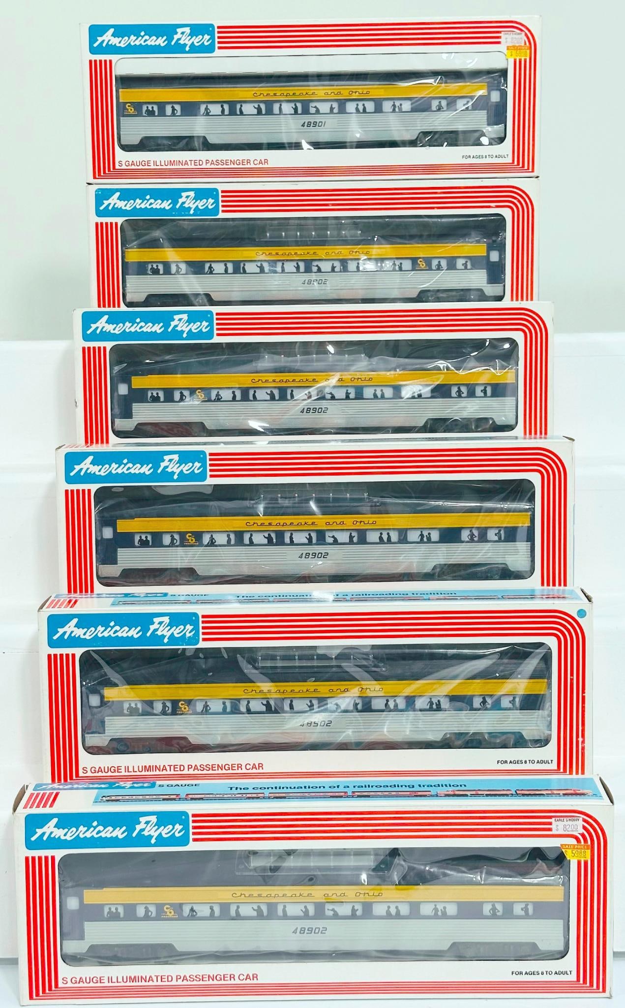 American Flyer Lionel Modern S Gauge Six (6) Assorted Chesapeake and Ohio Passenger Cars Boxed: American Flyer Lionel Modern S Gauge Six (6) Assorted Chesapeake and Ohio Passenger Cars Boxed, including Chesapeake and Ohio Vista Dome Car X5 and Chesapeake and Ohio Passenger Car, each in C9 and ea