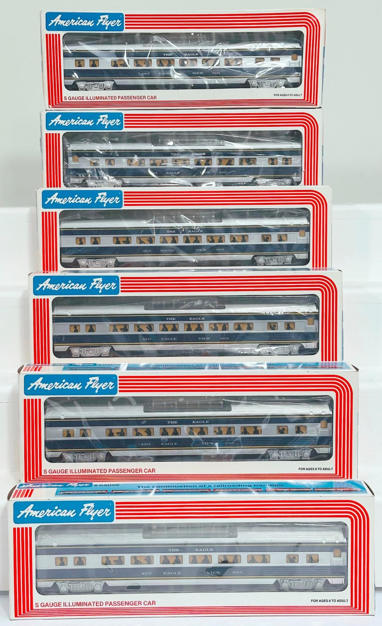 American Flyer Lionel Modern S Gauge Six (6) Assorted Missouri Pacific Passenger Cars Boxed: American Flyer Lionel Modern S Gauge Six (6) Assorted Missouri Pacific Passenger Cars Boxed, including Missouri Pacific Vista Dome Car X6, each in C9 and each with its original box.
