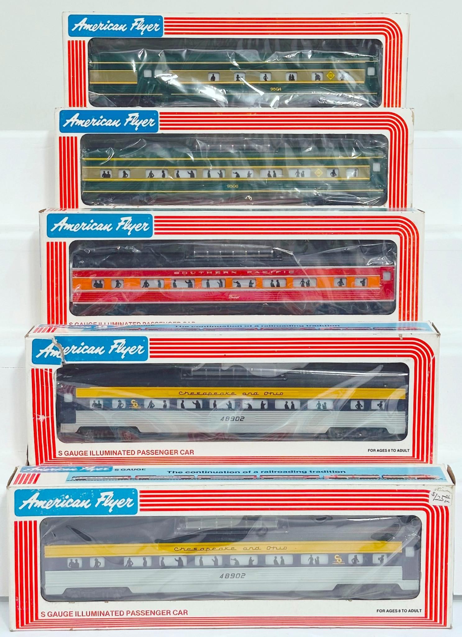 American Flyer Lionel Modern S Gauge Five (5) Assorted Passenger Cars Boxed: American Flyer Lionel Modern S Gauge Five (5) Assorted Passenger Cars Boxed, including C&O Vista Dome Car X2, Southern Pacific Vista Dome Car, Erie Vista Dome Car and Erie Combo Car, each in C9 and ea