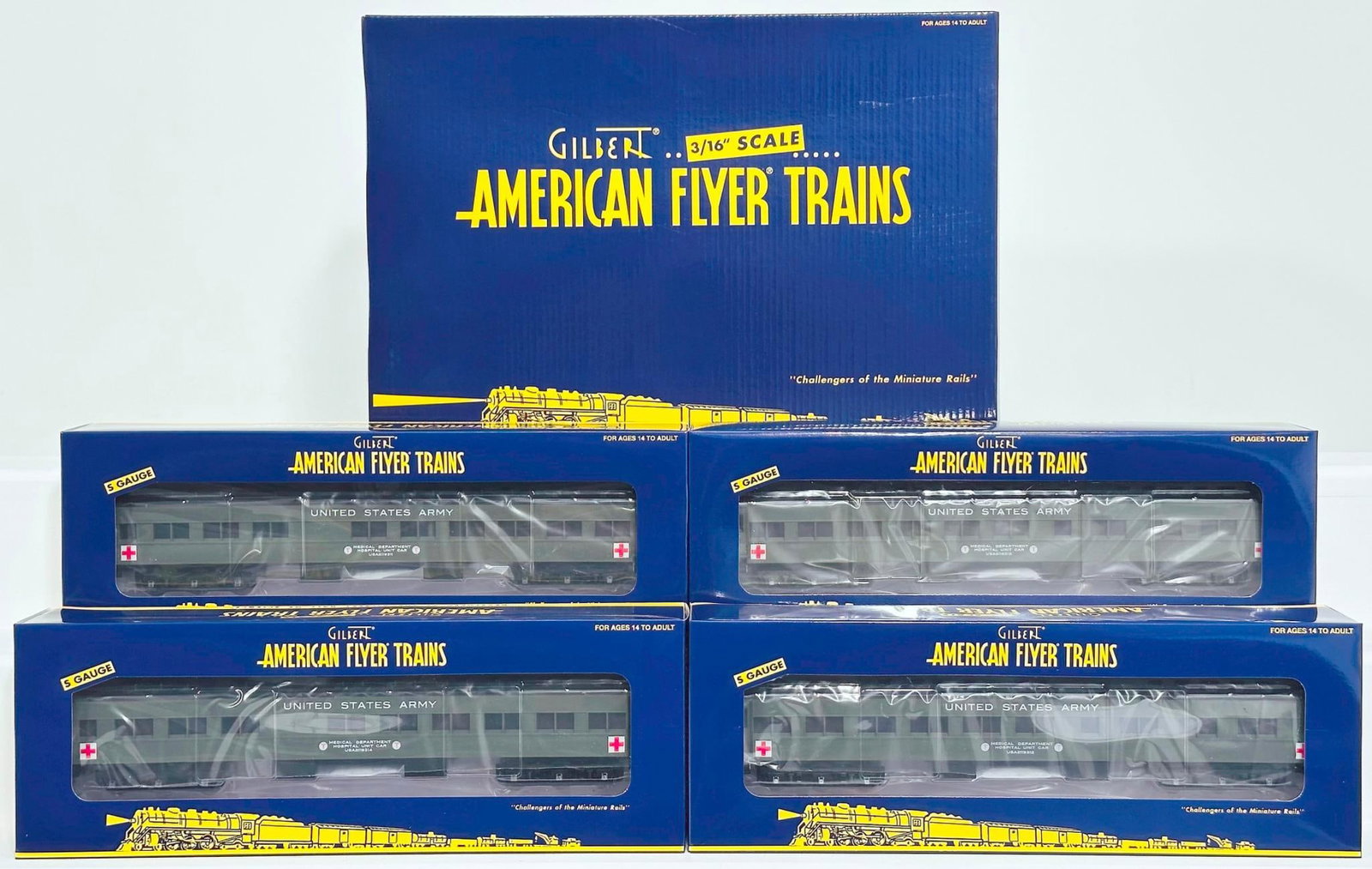 American Flyer Lionel Modern S Gauge US Army Hospital Car 4 Pack Boxed: American Flyer Lionel Modern S Gauge US Army Hospital Car 4 Pack Boxed, each in C9 and with its original box and outer set box.