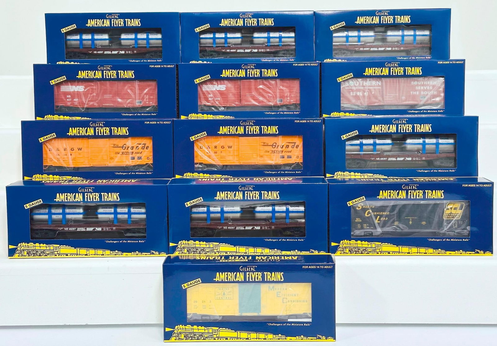 American Flyer Lionel Modern S Gauge Thirteen (13) Assorted Freight Cars Boxed: American Flyer Lionel Modern S Gauge Thirteen (13) Assorted Freight Cars Boxed, including Norfolk Southern Waffle Box Car X7 and TCA Convention Car 2012 Norfolk Southern Flat Car X6, each in C9 and ea