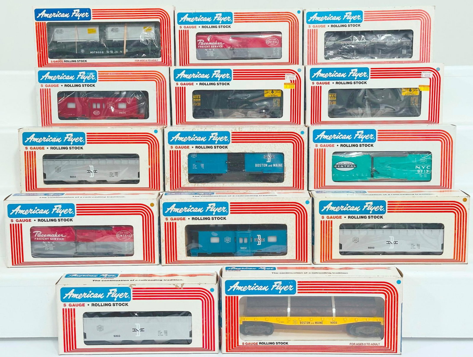 American Flyer Lionel Modern S Gauge Fourteen (14) Assorted Freight Cars Boxed: American Flyer Lionel Modern S Gauge Fourteen (14) Assorted Freight Cars Boxed, including New York Central Flat Car and Vans, Boston and Maine Hopper X3, New York Central Box Car X3, New York Central 