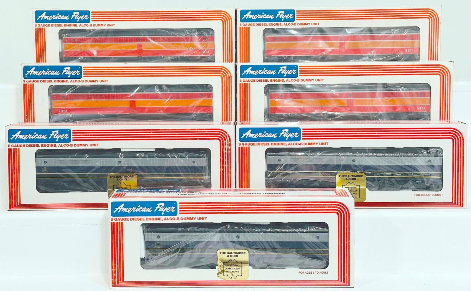 American Flyer Lionel Modern S Gauge Baltimore and Ohio Alco - B Unit X3 and Southern Pacific: American Flyer Lionel Modern S Gauge Baltimore and Ohio Alco - B Unit X3 and Southern Pacific Nonpowered B Unit X4 Boxed, each in C9 and each with its original box.