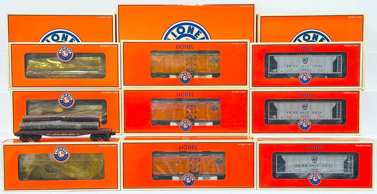 Lionel Modern O Gauge West Side Lumber Log Car 3 Pack/PFB Woodsided Reefer 3 Pack/Pennsylvania PS - (1 of 9)