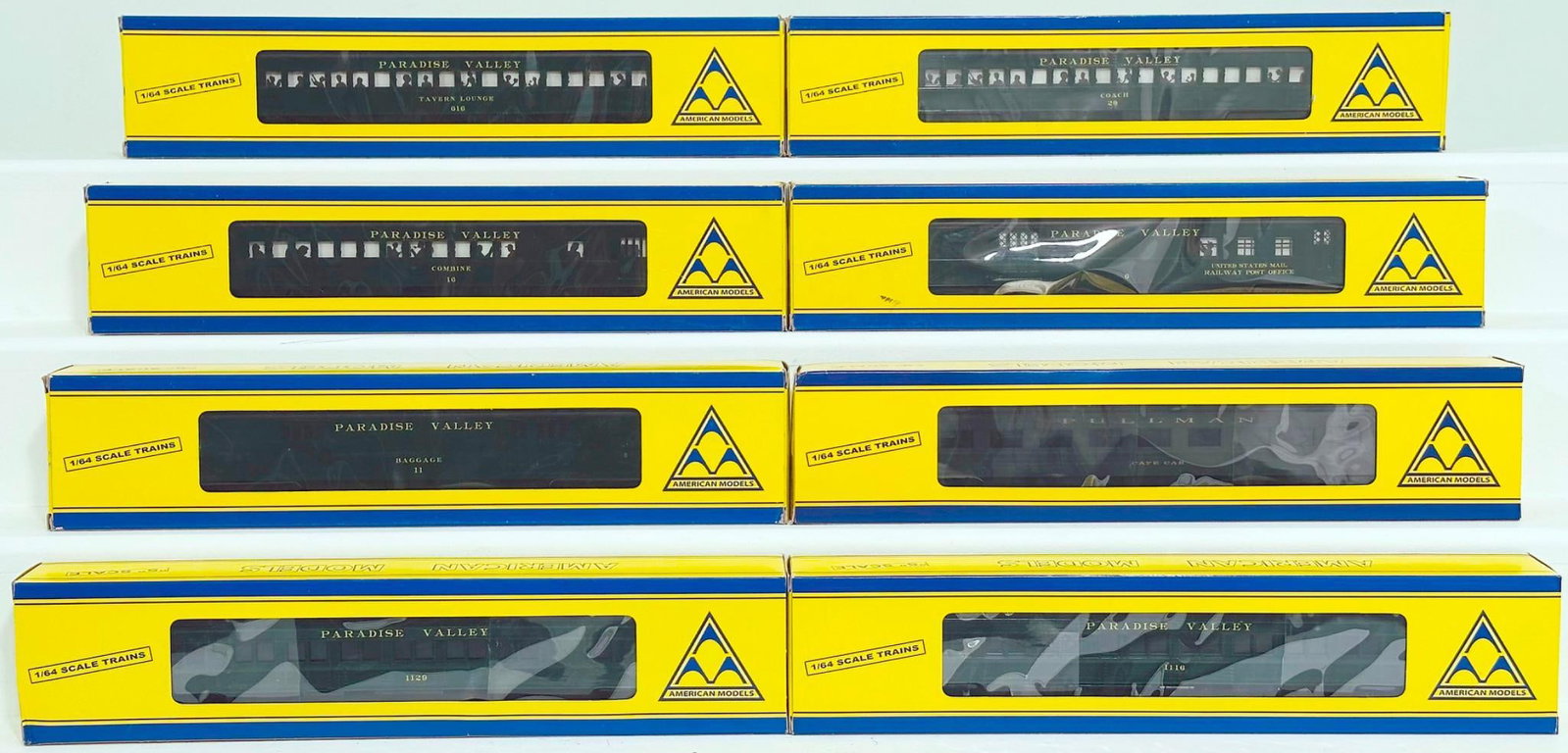 American Models Modern S Gauge Eight (8) Assorted Paradise Valley Passenger Cars Boxed: American Models Modern S Gauge Eight (8) Assorted Paradise Valley Passenger Cars Boxed, each in C8 and each with its original box.