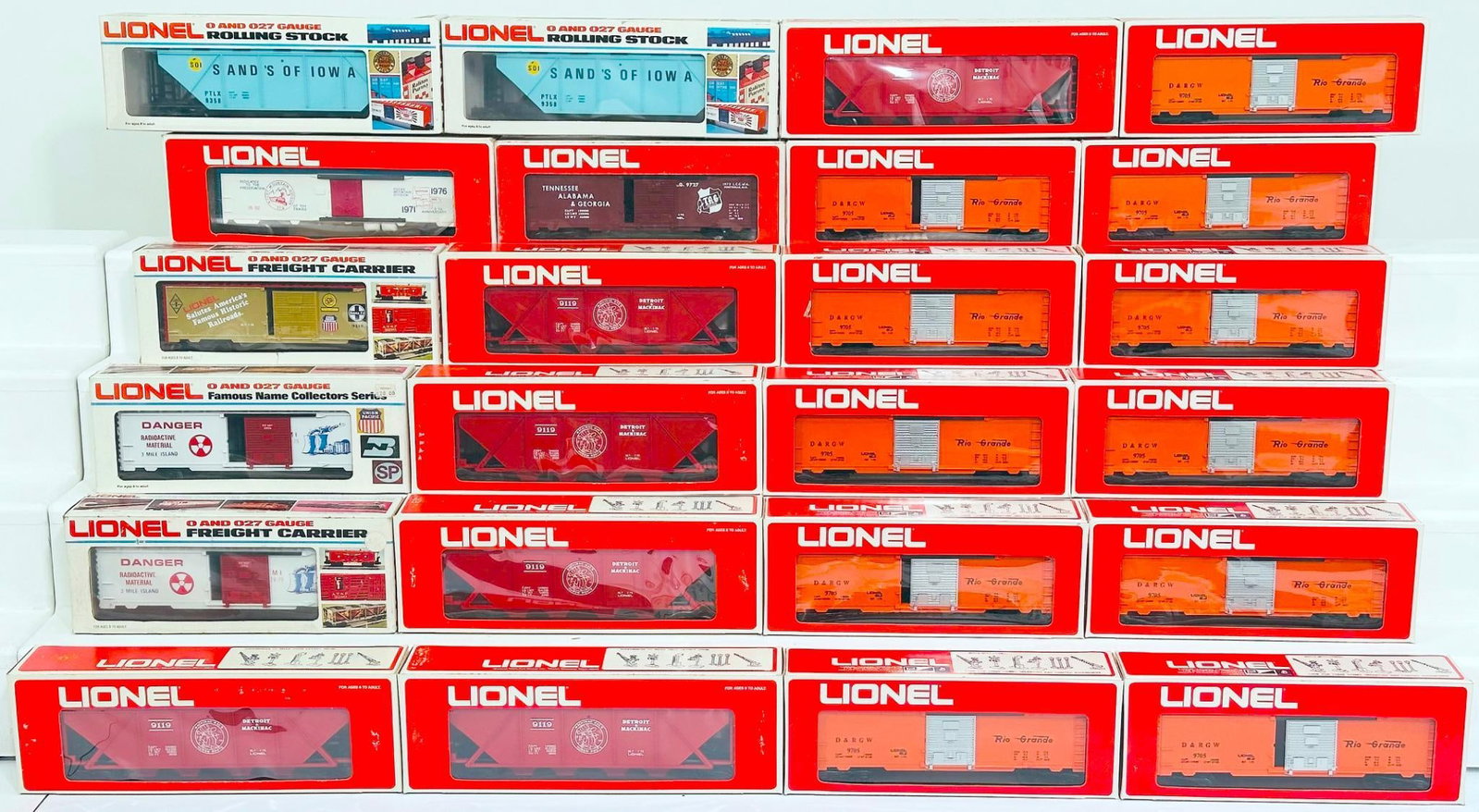 Lionel Modern O Gauge Twenty-Four (24) Assorted Freight Cars Boxed: Lionel Modern O Gauge Twenty-Four (24) Assorted Freight Cars Boxed, including DRGW 9705 Box Car X11, Radioactive Material Box Car, Detroit & Mackinaw Covered Hopper X6, Pabst Billboard Reefer, LCCA Co