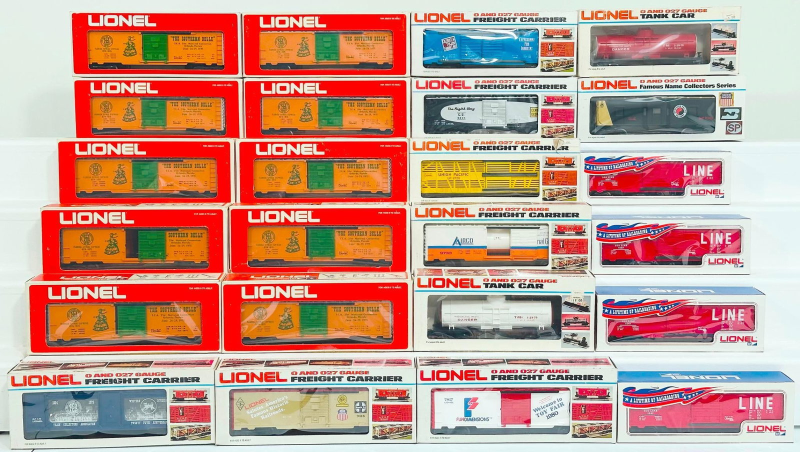 Lionel Modern O Gauge Twenty-Four (24) Assorted Freight Cars Boxed: Lionel Modern O Gauge Twenty-Four (24) Assorted Freight Cars Boxed, including LCCA Box Car, LCCA Double Door Box Car, Northern Pacific Bay Window Caboose, 1980 Toy Fair Box Car, LCCA Convention Car,