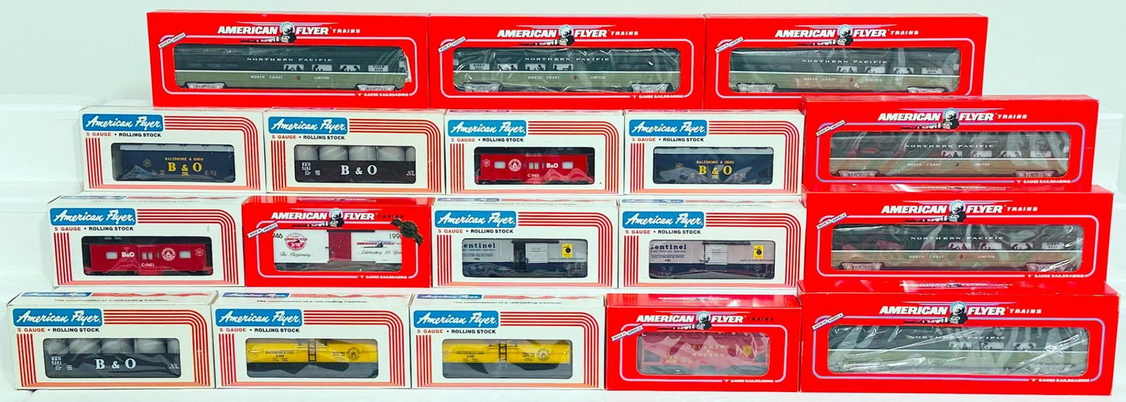 American Flyer Lionel Modern S Gauge Twelve (12) Assorted Freight Cars and Northern Pacific Dining: American Flyer Lionel Modern S Gauge Twelve (12) Assorted Freight Cars and Northern Pacific Dining Car X6 Boxed, including Northern Pacific Dining Car X6, each in C9 and each with its original box. Th