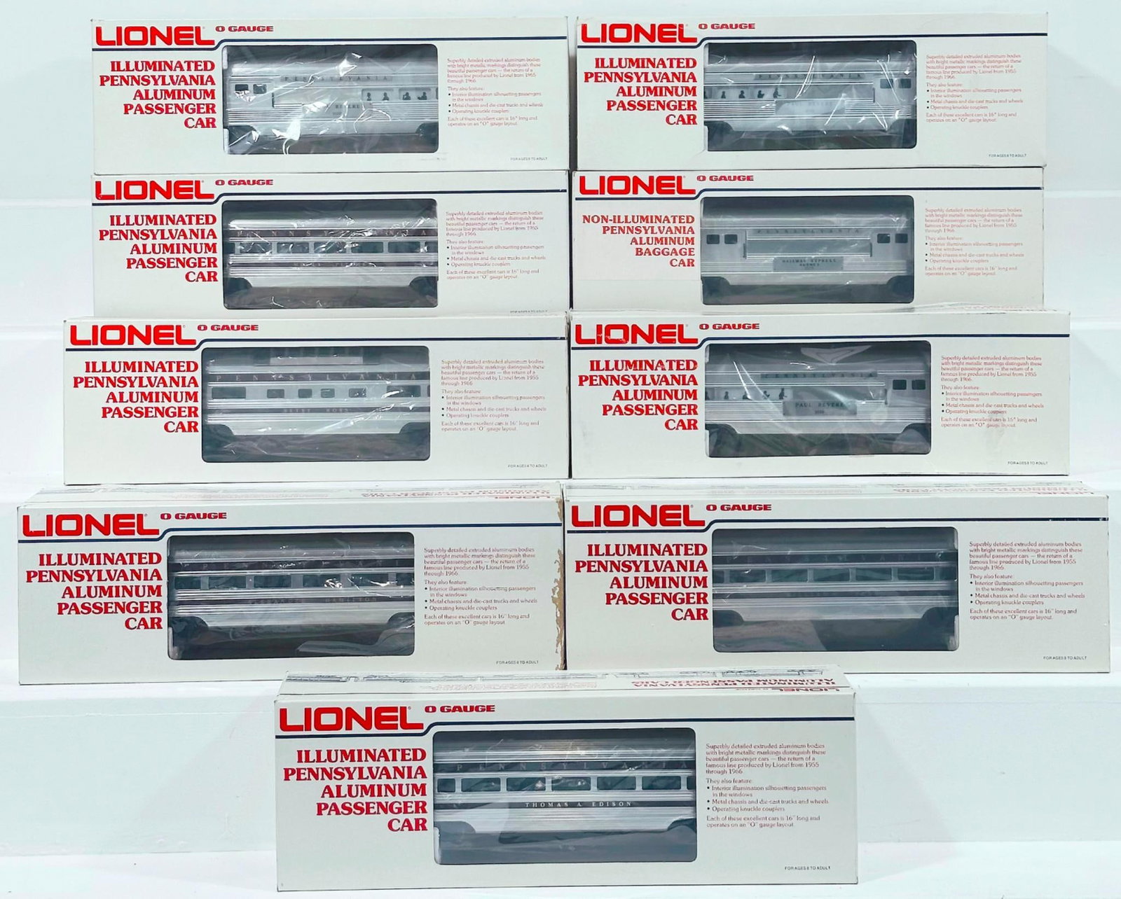 Lionel Modern O Gauge Nine (9) Assorted Illuminated Pennsylvania Aluminum Passenger Cars Boxed (1 of 5)